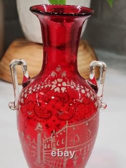 Antique Vintage Victorian Cranberry Hand Blown Glass Hand Painted White Art Antique Vintage Victorian Cranberry Hand Blown Glass Hand Painted White Art