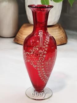 Antique Vintage Victorian Cranberry Hand Blown Glass Hand Painted White Art Antique Vintage Victorian Cranberry Hand Blown Glass Hand Painted White Art