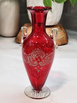 Antique Vintage Victorian Cranberry Hand Blown Glass Hand Painted White Art Antique Vintage Victorian Cranberry Hand Blown Glass Hand Painted White Art