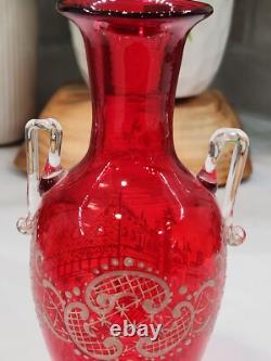 Antique Vintage Victorian Cranberry Hand Blown Glass Hand Painted White Art Antique Vintage Victorian Cranberry Hand Blown Glass Hand Painted White Art