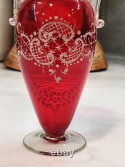 Antique Vintage Victorian Cranberry Hand Blown Glass Hand Painted White Art Antique Vintage Victorian Cranberry Hand Blown Glass Hand Painted White Art