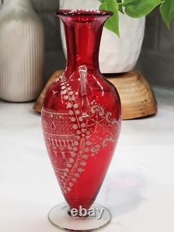 Antique Vintage Victorian Cranberry Hand Blown Glass Hand Painted White Art Antique Vintage Victorian Cranberry Hand Blown Glass Hand Painted White Art
