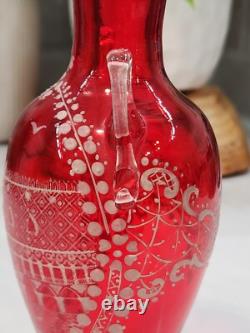 Antique Vintage Victorian Cranberry Hand Blown Glass Hand Painted White Art Antique Vintage Victorian Cranberry Hand Blown Glass Hand Painted White Art