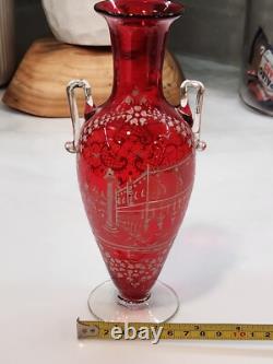 Antique Vintage Victorian Cranberry Hand Blown Glass Hand Painted White Art Antique Vintage Victorian Cranberry Hand Blown Glass Hand Painted White Art