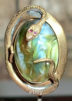 Antique Vintage Victorian Hat Stick Pin Brass Snake Serpent Art Glass Ruby Stone