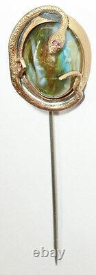 Antique Vintage Victorian Hat Stick Pin Brass Snake Serpent Art Glass Ruby Stone