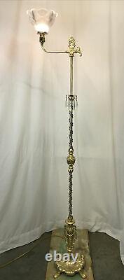 Antique Vtg Art Deco Nouveau Victorian Torchiere Floor Lamp Brass & Glass Ornate