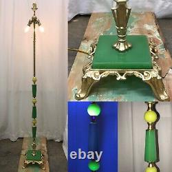 Antique Vtg Art Deco Victorian Floor Lamp Brass & Vaseline Glass, Houze, Jadeite