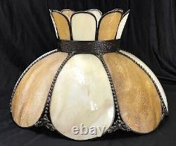 Antique Vtg Bent Slag Glass 8 Panel Lamp Shade Victorian Art Deco Beige, Caramel