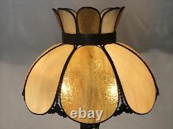 Antique Vtg Bent Slag Glass 8 Panel Lamp Shade Victorian Art Deco Beige, Caramel