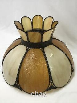 Antique Vtg Bent Slag Glass 8 Panel Lamp Shade Victorian Art Deco Beige, Caramel