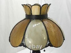 Antique Vtg Bent Slag Glass 8 Panel Lamp Shade Victorian Art Deco Beige, Caramel