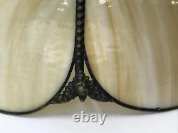 Antique Vtg Bent Slag Glass 8 Panel Lamp Shade Victorian Art Deco Caramel Beige