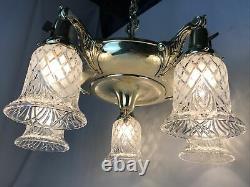 Antique Vtg Chandelier Arts Craft Deco Victorian Hanging Pan Light Brass Crystal