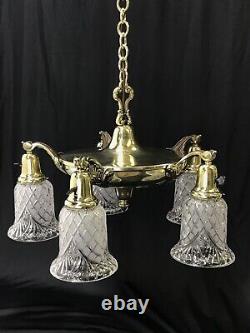 Antique Vtg Chandelier Arts Craft Deco Victorian Hanging Pan Light Brass Crystal