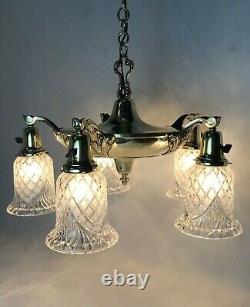 Antique Vtg Chandelier Arts Craft Deco Victorian Hanging Pan Light Brass Crystal