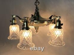 Antique Vtg Chandelier Arts Craft Deco Victorian Hanging Pan Light Brass Crystal