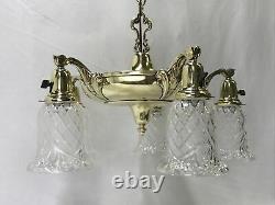 Antique Vtg Chandelier Arts Craft Deco Victorian Hanging Pan Light Brass Crystal