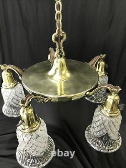 Antique Vtg Chandelier Arts Craft Deco Victorian Hanging Pan Light Brass Crystal