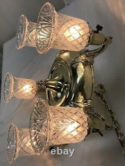 Antique Vtg Chandelier Arts Craft Deco Victorian Hanging Pan Light Brass Crystal