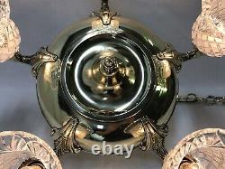 Antique Vtg Chandelier Arts Craft Deco Victorian Hanging Pan Light Brass Crystal