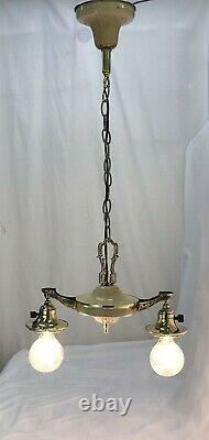 Antique Vtg Chandelier Arts Crafts Deco Victorian Hanging Pan Light Brass 2 Arm