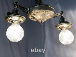 Antique Vtg Chandelier Arts Crafts Deco Victorian Hanging Pan Light Brass 2 Arm