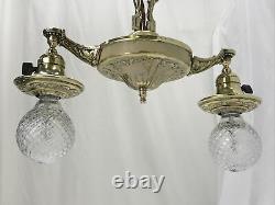 Antique Vtg Chandelier Arts Crafts Deco Victorian Hanging Pan Light Brass 2 Arm