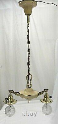 Antique Vtg Chandelier Arts Crafts Deco Victorian Hanging Pan Light Brass 2 Arm