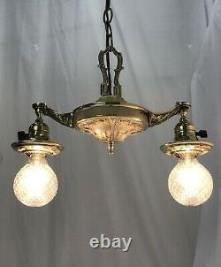 Antique Vtg Chandelier Arts Crafts Deco Victorian Hanging Pan Light Brass 2 Arm