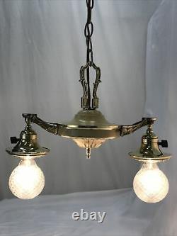 Antique Vtg Chandelier Arts Crafts Deco Victorian Hanging Pan Light Brass 2 Arm