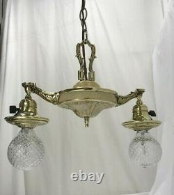 Antique Vtg Chandelier Arts Crafts Deco Victorian Hanging Pan Light Brass 2 Arm