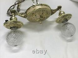 Antique Vtg Chandelier Arts Crafts Deco Victorian Hanging Pan Light Brass 2 Arm