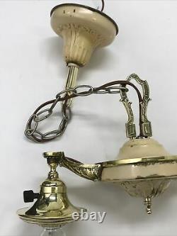 Antique Vtg Chandelier Arts Crafts Deco Victorian Hanging Pan Light Brass 2 Arm