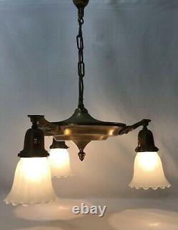 Antique Vtg Chandelier Arts Crafts Deco Victorian Hanging Pan Light Brass, Glass