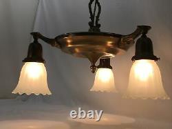 Antique Vtg Chandelier Arts Crafts Deco Victorian Hanging Pan Light Brass, Glass