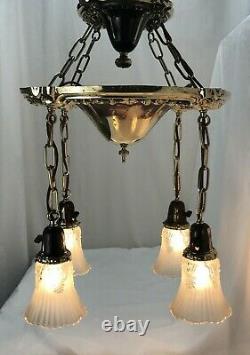 Antique Vtg Chandelier Arts Crafts Deco Victorian Hanging Pan Light Brass Glass