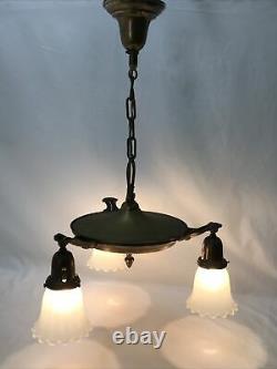 Antique Vtg Chandelier Arts Crafts Deco Victorian Hanging Pan Light Brass, Glass