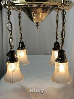 Antique Vtg Chandelier Arts Crafts Deco Victorian Hanging Pan Light Brass Glass