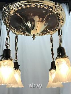 Antique Vtg Chandelier Arts Crafts Deco Victorian Hanging Pan Light Brass Glass