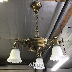 Antique Vtg Chandelier Arts Crafts Deco Victorian Hanging Pan Light Brass, Glass