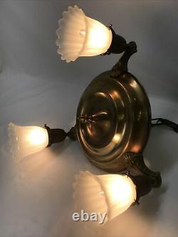 Antique Vtg Chandelier Arts Crafts Deco Victorian Hanging Pan Light Brass, Glass