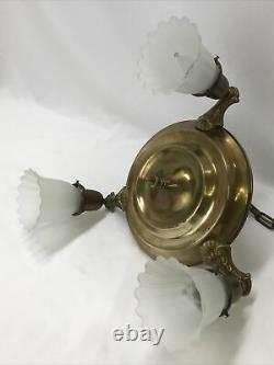 Antique Vtg Chandelier Arts Crafts Deco Victorian Hanging Pan Light Brass, Glass