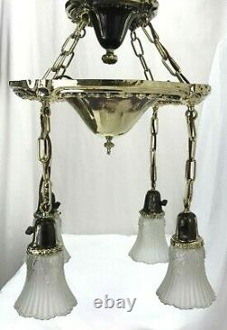 Antique Vtg Chandelier Arts Crafts Deco Victorian Hanging Pan Light Brass Glass