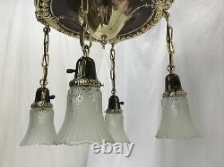 Antique Vtg Chandelier Arts Crafts Deco Victorian Hanging Pan Light Brass Glass