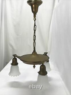 Antique Vtg Chandelier Arts Crafts Deco Victorian Hanging Pan Light Brass, Glass