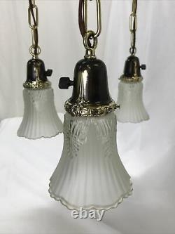 Antique Vtg Chandelier Arts Crafts Deco Victorian Hanging Pan Light Brass Glass