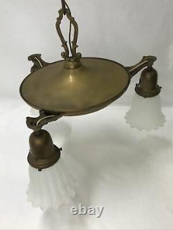 Antique Vtg Chandelier Arts Crafts Deco Victorian Hanging Pan Light Brass, Glass