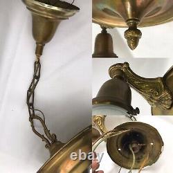 Antique Vtg Chandelier Arts Crafts Deco Victorian Hanging Pan Light Brass, Glass