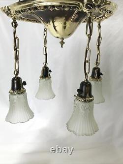 Antique Vtg Chandelier Arts Crafts Deco Victorian Hanging Pan Light Brass Glass